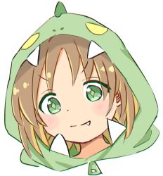 Rule 34 | + +, 1girl, blonde hair, brown eyes, commentary, dinosaur costume, eyes visible through hair, fang, fang out, green eyes, highres, hood, hood up, izanaminomickot, light blush, looking at viewer, multicolored hair, oka asahi, one-hour drawing challenge, onii-chan wa oshimai!, portrait, short hair, simple background, smile, solo, two-tone hair, v-shaped eyebrows, white background, zipper pull tab
