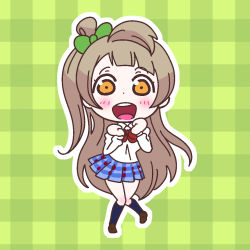 Rule 34 | 10s, 1girl, :d, blazer, blue legwear, blunt bangs, bow, bowtie, brown footwear, brown hair, chibi, green background, green ribbon, grin, hair ribbon, jacket, karaagetarou, knees together feet apart, long hair, love live!, love live! school idol project, minami kotori, one side up, open mouth, orange eyes, outline, plaid, plaid background, plaid skirt, pleated skirt, red bow, ribbon, shoes, skirt, smile, solo, very long hair, white outline