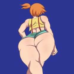 Rule 34 | 1girl, ass, asymmetrical hair, back, bare legs, blouse, cowboy shot, creatures (company), denim, denim shorts, female focus, from behind, game freak, gym leader, hary96, huge ass, legs, legs together, misty (pokemon), nintendo, orange hair, pokemon, pokemon (anime), pokemon (classic anime), ponytail, red hair, shirt, short hair, short shorts, shorts, side ponytail, simple background, smile, solo, suspenders, tank top, thick thighs, thighs, wide hips, yellow shirt, yellow tank top