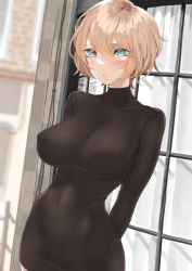 Rule 34 | 1girl, black sweater, blonde hair, blue eyes, blush, breasts, covered erect nipples, covered navel, hair between eyes, highres, large breasts, no bra, original, parted lips, short hair, solo, sweater, throtem, turtleneck, turtleneck sweater, underwear
