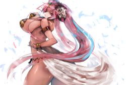 Rule 34 | 1girl, alternate costume, alternate hairstyle, armlet, ass, back, blue fire, bracelet, breasts, choker, cowboy shot, dancer, dancing, fire, from side, gond, hata no kokoro, jewelry, large breasts, light smile, long hair, looking at viewer, looking to the side, mask, pink eyes, pink hair, shiny skin, sideboob, simple background, solo, thighs, touhou, twintails, veil, very long hair, white background