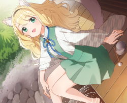 Rule 34 | 1girl, :d, animal ears, barefoot, blonde hair, buuta, cat ears, cat tail, dutch angle, green eyes, green skirt, highres, long hair, mimikaki, necogurashi, official art, open mouth, porch, sitting, skirt, smile, soaking feet, solo, tail, unmoving pattern, wide sleeves