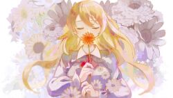 Rule 34 | 1girl, bad id, bad twitter id, blonde hair, closed eyes, dress, facing viewer, flower, flower over mouth, grey dress, highres, long hair, long sleeves, original, sion001250, smelling flower, solo
