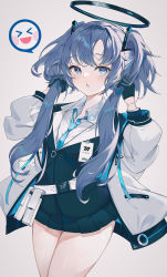 Rule 34 | 1girl, absurdres, belt, belt pouch, blue archive, blue eyes, blue hair, blue necktie, blush, collared shirt, commentary request, cowboy shot, formal, gloves, grey background, halo, highres, holding, holding own hair, id card, jacket, long hair, looking at viewer, mechanical halo, miniskirt, necktie, off shoulder, open clothes, open jacket, open mouth, p1up1u, parted bangs, pleated skirt, pouch, shirt, sidelocks, simple background, skirt, smiley face, solo, standing, suit, two side up, white belt, white shirt, yuuka (blue archive)