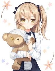 Rule 34 | 10s, 1girl, bad id, bad pixiv id, blush, boko (girls und panzer), bow, bowtie, brown eyes, buttons, expressionless, floral background, flower, girls und panzer, highres, holding, holding stuffed toy, holding to chest, kajuu aisu, light brown hair, long sleeves, looking at viewer, one side up, shimada arisu, skirt, solo, stuffed animal, stuffed toy, suspender skirt, suspenders, teddy bear, upper body