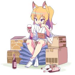 Rule 34 | 1girl, alcohol, animal ear fluff, animal ears, blonde hair, bottle, box, crossed ankles, cup, fang, fox ears, hand on own chin, highres, holding, holding cup, japanese clothes, original, ponytail, purple eyes, ribbon-trimmed sleeves, ribbon trim, roku no hito, sash, shorts, sitting, socks, solo, tabi, white background, wide sleeves, wine