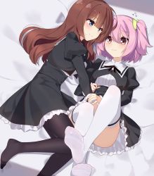 Rule 34 | 2girls, assault lily, bed sheet, black legwear, blue eyes, blush, bow, brown hair, chinese commentary, commentary request, ddt (darktrident), eye contact, feet, female focus, fingering, hair bow, hand under clothes, highres, hitotsuyanagi riri, indoors, kaede johan nouvel, lifting another&#039;s clothes, long hair, looking at another, lying, multiple girls, no shoes, pantyhose, pink hair, red eyes, school uniform, short hair, side ponytail, smile, soles, thighhighs, wavy mouth, white legwear, yuri