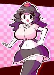 Rule 34 | 1girl, akirt, black eyes, black hair, breasts, checkered background, curvy, eyebrows hidden by hair, eyelashes, hand on own hip, happy, hat, highres, large breasts, long hair, looking at viewer, midriff, navel, open mouth, outstretched arm, pink background, shameimaru aya, shirt, smile, solid oval eyes, spiked hair, standing, thick thighs, thighhighs, thighs, tokin hat, touhou, wide hips, wings, woah maaan