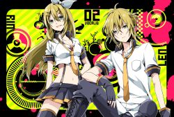 Rule 34 | 1boy, 1girl, aged up, arm support, black gloves, black pants, black skirt, blonde hair, bow, bra, breasts, brother and sister, cleavage, collarbone, crop top, fingerless gloves, floating hair, gloves, green eyes, hair between eyes, hair bow, hand on own hip, highres, kagamine len, kagamine rin, long hair, looking at viewer, loose necktie, medium breasts, midriff, miniskirt, navel, necktie, pants, pleated skirt, red bra, shirt, short sleeves, siblings, sitting, skirt, smile, stomach, suspender skirt, suspenders, twins, underwear, uutan, very long hair, vocaloid, white bow, white shirt, yellow necktie