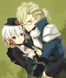 Rule 34 | 1boy, 1girl, alternate costume, alternate hairstyle, ascot, bad id, bad pixiv id, blonde hair, brown eyes, carrying, flower, glasses, green background, hat, malik caesars, multicolored hair, official alternate costume, pascal (tales), princess carry, red hair, rose, tales of (series), tales of graces, thighhighs, two-tone hair, white hair, zenmai