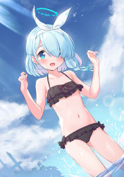 Rule 34 | 1girl, :d, absurdres, alternate costume, arona (blue archive), bare arms, bare shoulders, bikini, black bikini, blue archive, blue eyes, blue hair, blue sky, blush, braid, breasts, cloud, collarbone, day, frilled bikini, frills, fubuki rinne, hair over one eye, hairband, halo, hands up, highres, looking at viewer, multicolored hair, navel, nipples, ocean, open mouth, outdoors, short hair, sky, small breasts, smile, solo, standing, swimsuit, wading, water