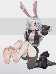 Rule 34 | absurdres, animal ears, arm wrap, armor, barefoot, belt, blue eyes, boots, breasts, cleavage, commentary, cropped jacket, earrings, english commentary, feet, fingerless gloves, foreshortening, gloves, grey hair, highres, jarael (rayer), jewelry, k-rha&#039;s, knees, legs, original, rabbit ears, rabbit girl, rabbit tail, shoes, shorts, shoulder armor, soles, sweatdrop, tail, tank top, toes, unworn boots, unworn shoes
