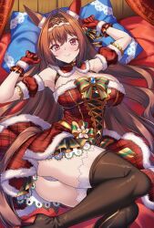 Rule 34 | 1girl, animal ears, black footwear, blush, boots, bow, breasts, brown hair, christmas, cleavage, clothing cutout, collar, daiwa scarlet (scarlet nuit etoile) (umamusume), daiwa scarlet (umamusume), dress, dress bow, dress flower, ear covers, fang, fur-trimmed dress, fur-trimmed gloves, fur trim, gloves, hair between eyes, hair intakes, highres, horse ears, horse girl, horse tail, large breasts, long hair, looking at viewer, lying, mistletoe hair ornament, official alternate costume, official alternate hairstyle, on bed, on side, panties, pillow, plaid, plaid dress, plaid sleeves, red collar, red dress, red eyes, red gloves, shirokuma a, single ear cover, skin fang, smile, solo, tail, tail through clothes, thigh boots, thighs, tiara, umamusume, underwear, very long hair, white panties