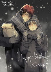 Rule 34 | 2boys, bag, blue eyes, blue hair, blush, breath, closed mouth, coat, commentary request, dated, earmuffs, gloves, happy birthday, hat, height difference, kagami taiga, kuroko no basuke, kuroko tetsuya, light blue hair, long sleeves, looking at another, male focus, multiple boys, open mouth, paper bag, red eyes, red hair, scarf, shared clothes, shared scarf, shopping bag, short hair, torisu, winter, winter clothes, winter coat, yaoi