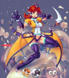 Rule 34 | 1girl, alternate costume, blue eyes, breasts, crossover, crown, fusion, highres, mario (series), metroid, nintendo, princess daisy, red hair, ridley, solo, super mario bros. 1, super mario land, super smash bros., supersatanson, tail, thighhighs, wings