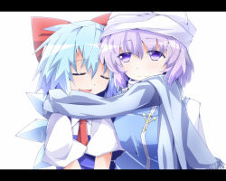 Rule 34 | 2girls, blue dress, blue hair, blue scarf, bow, cirno, closed eyes, dress, hair bow, hat, hiro (pqtks113), ice, ice wings, letterboxed, letty whiterock, multiple girls, open mouth, purple eyes, purple hair, scarf, shared clothes, shared scarf, shirt, short sleeves, simple background, smile, touhou, upper body, white background, wings