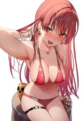 Rule 34 | 1girl, bare shoulders, highres, hololive, houshou marine, long hair, open mouth, red eyes, red hair, simple background, smile, solo, swimsuit, takeno omoti, virtual youtuber, yellow eyes