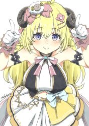 Rule 34 | 1girl, absurdres, ahoge, animal ears, arm garter, blonde hair, blue eyes, blush, bow, breasts, closed mouth, commentary, cowboy shot, dress, english commentary, horns pose, fuusuke (fusuke208), gloves, hair between eyes, hair ornament, hairclip, highres, hololive, horns, idol, long hair, looking at viewer, medium breasts, official alternate costume, pink bow, sheep ears, sheep hair ornament, sheep horns, simple background, smile, solo, striped, striped bow, traditional media, tsunomaki watame, twitter username, virtual youtuber, white background, white bow, white dress, white gloves, wrist cuffs