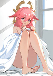 Rule 34 | 1girl, animal ears, bad id, bad pixiv id, bed sheet, commentary, completely nude, earrings, fox ears, full body, genshin impact, hair between eyes, highres, indoors, jason kim, jewelry, long hair, looking at viewer, naked sheet, nude, on bed, parted lips, pink hair, purple eyes, sitting, smile, solo, toes, yae miko
