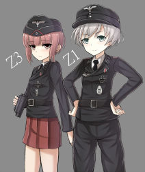 Rule 34 | 10s, 2girls, alternate costume, belt, binoculars, black pants, blue eyes, blunt bangs, brown eyes, brown hair, character name, clothes writing, cross, garrison cap, german text, germany, grey background, hands on own hips, hat, iron cross, kantai collection, long sleeves, military, military hat, military uniform, multiple girls, necktie, pants, pleated skirt, red skirt, silver hair, simple background, skirt, uniform, world war ii, yakob labo, z1 leberecht maass (kancolle), z3 max schultz (kancolle)