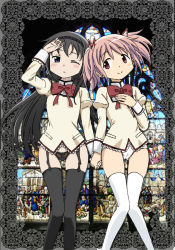 Rule 34 | 10s, 2girls, akemi homura, alternate legwear, black hair, black panties, black thighhighs, garter belt, garter straps, hairband, highres, holding hands, juliet sleeves, kaname madoka, long hair, long sleeves, mahou shoujo madoka magica, mahou shoujo madoka magica (anime), multiple girls, no pants, panties, pink eyes, pink hair, puffy sleeves, purple eyes, ribbon, school uniform, skirt, unworn skirt, stained glass, thighhighs, underwear, white legwear, white panties, yuri