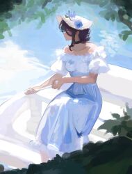 Rule 34 | 1girl, bare shoulders, black choker, blue flower, blush, boat, brown hair, chainsaw man, choker, collarbone, commentary, day, dress, english commentary, feet out of frame, flower, green eyes, hat, hat flower, headwear request, highres, holding, holding oar, looking to the side, ms tsukii, oar, off-shoulder dress, off shoulder, outdoors, reze (chainsaw man), rowing, sidelocks, sitting, solo, tree, vegetation, water, watercraft, white dress, white hat