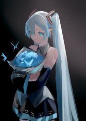 Rule 34 | 1girl, bare shoulders, black background, black skirt, blue eyes, blue hair, bouquet, bug, butterfly, closed mouth, cowboy shot, detached sleeves, flower, hatsune miku, highres, holding, holding bouquet, insect, long hair, looking at viewer, number tattoo, potetoneko, skirt, solo, standing, tattoo, twintails, very long hair, vocaloid