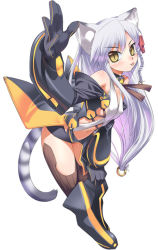 Rule 34 | 1girl, :p, animal ears, blush, boots, braid, braided hair rings, breasts, cannonball ~neko neko machine mou-race!~, cat ears, cat tail, covered erect nipples, foxbat (cannonball), full body, gloves, hair rings, koume keito, long hair, midriff, navel, official art, simple background, slit pupils, solo, tail, thighhighs, tongue, tongue out, white background, white hair, yellow eyes