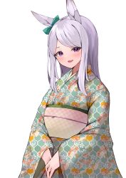 Rule 34 | 1girl, absurdres, alternate costume, animal ears, bow, checkered background, chinese zodiac, closed mouth, commentary, ear ribbon, floral background, floral print, green kimono, happy new year, highres, horse ears, horse girl, japanese clothes, kimono, kotoyoro, long hair, long sleeves, looking at viewer, mejiro mcqueen (umamusume), misonikomi, new year, obi, print kimono, purple eyes, purple hair, sash, smile, solo, swept bangs, translated, umamusume, upper body, v arms