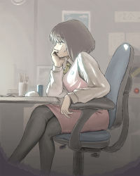 Rule 34 | 1girl, akio-bako, chair, coffee, crossed legs, head rest, mouse (computer), office chair, office lady, original, pantyhose, pencil skirt, sitting, skirt, solo, swivel chair