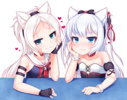 Rule 34 | 2girls, :3, animal ear fluff, animal ears, azur lane, bare shoulders, blue eyes, blush, bow, cat ears, choker, collar, collarbone, commentary request, fingerless gloves, gloves, green eyes, hair bow, hairband, hammann (azur lane), hand on own cheek, hand on own face, heart, highres, kirisame mia, long hair, looking at viewer, maid, multiple girls, red neckwear, sailor collar, siblings, sims (azur lane), sisters, sleeveless, smug, two side up, wavy mouth, white hair, wrist cuffs