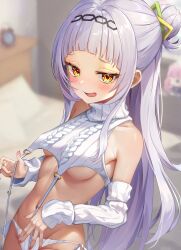 Rule 34 | 1girl, absurdres, alternate costume, annmitsu114, arched bangs, armpit crease, bare shoulders, blunt bangs, blurry, blurry background, blush, breasts, clothes lift, detached sleeves, garter straps, grey hair, hair bun, highres, hololive, indoors, long hair, long sleeves, looking at viewer, medium breasts, meme attire, murasaki shion, navel, open mouth, panties, side-tie panties, sleeveless, sleeveless turtleneck, smile, smug, solo, sweater, turtleneck, turtleneck sweater, underboob, underwear, upper body, virgin destroyer sweater, virtual youtuber, white garter straps, white hair, white panties, white sweater, yellow eyes