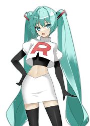 Rule 34 | 1girl, absurdres, black footwear, black gloves, boots, commentary, cosplay, creatures (company), cropped jacket, elbow gloves, eyelashes, game freak, gloves, green hair, hair ornament, hand on own hip, hatsune miku, highres, jacket, jessie (pokemon), jessie (pokemon) (cosplay), long hair, navel, nintendo, open mouth, pokemon, pokemon (anime), reirou (chokoonnpu), skirt, smile, solo, symbol-only commentary, team rocket, team rocket uniform, thigh boots, thighhighs, tongue, twintails, very long hair, vocaloid, white background, white jacket, white skirt
