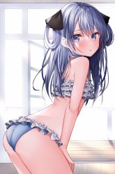 Rule 34 | 1girl, ass, bare arms, bare shoulders, bikini, blue bikini, blue eyes, blue hair, commentary request, cowboy shot, frilled bikini, frills, from side, frown, hair ribbon, highres, komomo (ptkrx), leaning forward, long hair, looking at viewer, looking to the side, original, parted lips, ribbon, sidelocks, solo, standing, swimsuit, thighs