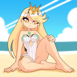 Rule 34 | 1girl, barefoot, beach, blonde hair, blush, breasts, choker, cleavage, cloud, contrail, cross, hand on own knee, headgear, large breasts, long hair, looking to the side, louis lloyd-judson, monolith soft, mythra (xenoblade), nintendo, ocean, one-piece swimsuit, sand, sitting, sky, swimsuit, thigh strap, water, white one-piece swimsuit, xeno (series), xenoblade chronicles (series), xenoblade chronicles 2, yellow eyes