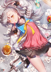 Rule 34 | 1girl, apple, asymmetrical bangs, closers, collar, food, food on face, fruit, highres, ice, ice cream, ice cube, kyjsogom, long hair, looking at viewer, lying, miniskirt, on back, orange eyes, ponytail, pudding, silver hair, skirt, solo, spoon, tina (closers)