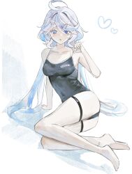 Rule 34 | 1girl, ahoge, alternate costume, arm support, arubi 222, ass, bare arms, bare shoulders, barefoot, blue eyes, blue hair, blue one-piece swimsuit, breasts, collarbone, commentary, covered navel, curly hair, dot nose, drop-shaped pupils, full body, furina (genshin impact), furrowed brow, genshin impact, hair intakes, hair ornament, hairclip, hand up, heart, heterochromia, highres, legs, light blue hair, light blush, long hair, looking to the side, medium breasts, mismatched pupils, multicolored hair, one-piece swimsuit, open mouth, parted lips, school swimsuit, simple background, sitting, solo, strap pull, streaked hair, sweat, swept bangs, swimsuit, symbol-shaped pupils, thigh strap, two-tone hair, very long hair, water drop hair ornament, wavy hair, white background, white hair, yokozuwari