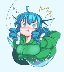 Rule 34 | &gt;:t, 1girl, :t, ^^^, ahoge, blue hair, blush, breasts, drill hair, fins, fish tail, fishing line, foreshortening, furorina, green kimono, head fins, japanese clothes, kimono, large breasts, long sleeves, looking at viewer, mermaid, monster girl, obi, sash, solo, tail, touhou, v-shaped eyebrows, wakasagihime, wide sleeves
