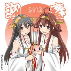 Rule 34 | 10s, 2015, 2girls, :d, ahoge, arrow (projectile), bad id, bad pixiv id, bare shoulders, blush, brown eyes, brown hair, detached sleeves, grey hair, hair ornament, hairband, hairclip, haruna (kancolle), headgear, japanese clothes, kantai collection, kongou (kancolle), long hair, looking at viewer, multiple girls, nontraditional miko, open mouth, purple eyes, ribbon-trimmed sleeves, ribbon trim, smile, spaghe (kyoumospaghe), twitter username, upper body