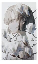 Rule 34 | 1girl, amamanoban, border, collared shirt, expressionless, flower, from side, grey background, grey eyes, grey hair, hair over one eye, highres, original, parted lips, profile, shirt, short hair, solo, upper body, white border, white flower, white shirt