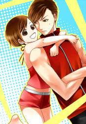 Rule 34 | 1boy, 1girl, :d, arms around neck, barefoot, brown eyes, brown hair, crop top, crossed arms, frown, genderswap, genderswap (ftm), grin, hair pulled back, halter shirt, halterneck, high collar, jumping, meiko (vocaloid), meito, midriff, open mouth, parted bangs, shirt, short hair, shorts, sleeveless, sleeveless shirt, smile, toyu, v-shaped eyebrows, vocaloid, zipper