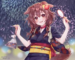Rule 34 | 1girl, :d, aerial fireworks, alternate costume, animal collar, animal ears, bag, bagged fish, blue kimono, blush, braid, brown eyes, brown hair, choker, collar, dakuryuu, dated, dog ears, dog girl, dog tail, eyebrows, fangs, festival, fingernails, fireworks, fish, flower, goldfish, goldfish scooping, hair between eyes, hair flower, hair ornament, highres, hololive, inugami korone, japanese clothes, kanzashi, kimono, long hair, looking at viewer, low twin braids, low twintails, nail polish, night, obi, obiage, obijime, open mouth, poi (goldfish scoop), print kimono, raised eyebrows, red choker, red collar, sash, signature, sleeves rolled up, smile, solo, summer festival, tail, tasuki, tsumami kanzashi, twin braids, twintails, upper body, virtual youtuber, w arms, wide sleeves, yellow nails, yukata