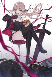 Rule 34 | 1girl, artoria pendragon (all), artoria pendragon (fate), bare shoulders, black jacket, black nails, black ribbon, black thighhighs, blonde hair, boots, breasts, burger, collarbone, commentary request, excalibur morgan (fate), fate/grand order, fate (series), food, hair ribbon, hanagata, high heel boots, high heels, highres, holding, holding food, jacket, long hair, looking at viewer, medium breasts, multicolored clothes, multicolored jacket, nail polish, official alternate costume, pink jacket, ponytail, red ribbon, ribbon, saber alter, saber alter (ver. shinjuku 1999) (fate), solo, sword, thigh boots, thighhighs, tongue, tongue out, two-sided fabric, two-sided jacket, two-tone jacket, weapon, yellow eyes