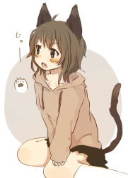 Rule 34 | 1girl, :o, ahoge, animal ears, blue eyes, blush, brown hair, brown hoodie, cat ears, cat girl, cat tail, commentary request, drawstring, fang, foomi, grey background, hood, hood down, hoodie, kneehighs, long sleeves, looking away, open mouth, original, sitting, sleeves past wrists, socks, solo, tail, two-tone background, v-shaped eyebrows, wariza, white background, white socks