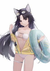 Rule 34 | 1girl, absurdres, alternate costume, animal ear fluff, animal ears, arknights, bikini, black eyes, black hair, breasts, bright pupils, closed mouth, collarbone, commentary request, cowboy shot, expressionless, eyewear on head, facial mark, floating hair, forehead mark, hands up, head tilt, highres, holding, holding swim ring, innertube, jacket, long hair, long sleeves, looking at viewer, medium breasts, navel, ocastitan, parted bangs, partial commentary, partially unzipped, saga (arknights), simple background, solo, standing, swim ring, swimsuit, thigh strap, transparent, white background, white bikini, white pupils, yellow eyes, yellow jacket, zipper pull tab
