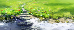 Rule 34 | day, flower, grass, highres, landscape, no humans, original, outdoors, pippi (pixiv 1922055), scenery, stepping stones