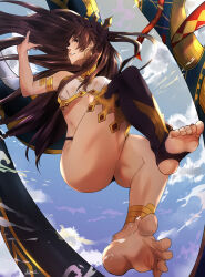 Rule 34 | 1girl, absurdres, artist request, ass, black hair, blue sky, breasts, cloud, cloudy sky, crossed legs, earrings, fate (series), feet, floating, floating hair, gold, highres, ishtar (fate), jewelry, lips, long hair, looking to the side, medium breasts, red eyes, signature, sky, soles, toeless legwear