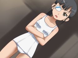 Rule 34 | 1girl, awa, black hair, brown eyes, crossed arms, eyepatch, one-piece swimsuit, ponytail, sakamoto mio, school swimsuit, strike witches, swimsuit, white one-piece swimsuit, white school swimsuit, world witches series