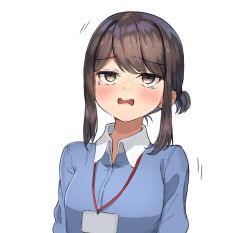 Rule 34 | 1girl, blue shirt, blush, borrowed character, brown eyes, brown hair, collared shirt, crying, douki-chan (douki-chan), dress shirt, ganbare douki-chan, highres, id card, looking up, office lady, ranf, shirt, sidelocks, simple background, solo, white background