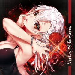 Rule 34 | 1girl, black dress, breasts, cleavage, dress, earrings, flower, from side, haiba 09, hair flower, hair ornament, jacket, jewelry, large breasts, long hair, looking at viewer, nail polish, official art, red eyes, red flower, red nails, solo, vortex of emotions, white hair